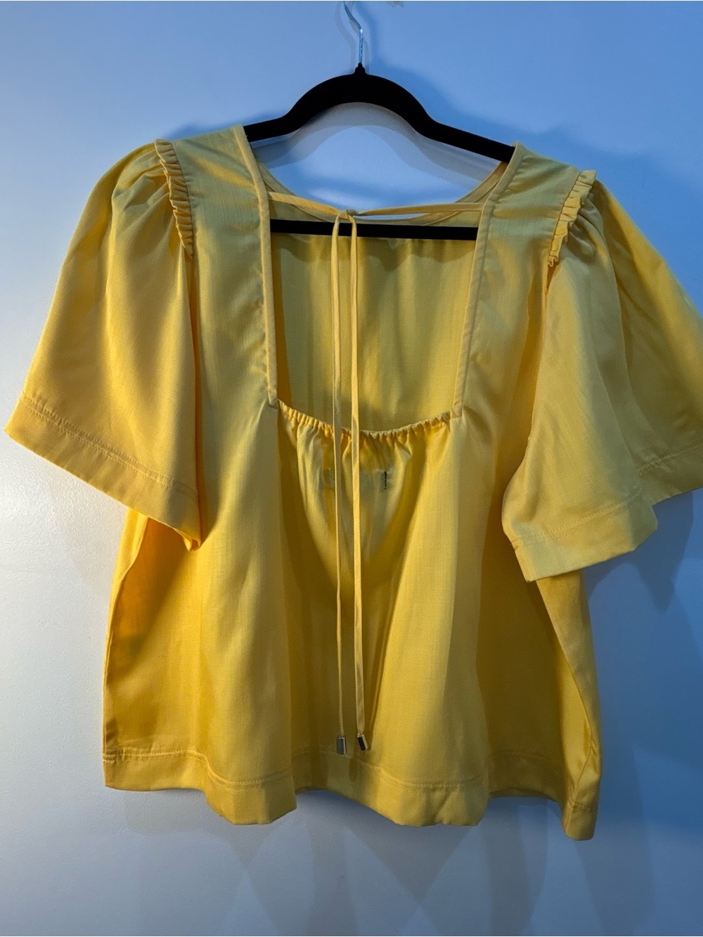 New York & Company Blouse XL Yellow Puff Sleeve Lyocell Cottagecore Tie Back Top - Picture 8 of 11